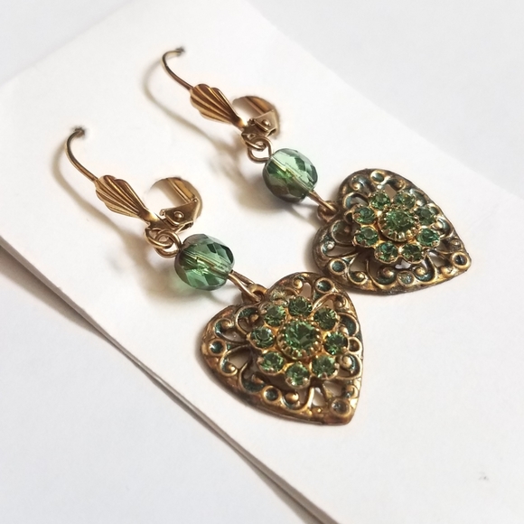 Hand Crafted Hearted Shaped Green Rhinestone Earrings - Picture 2 of 9